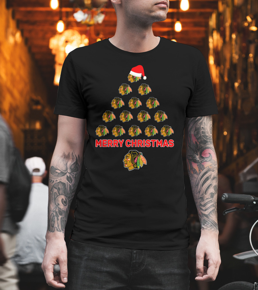 Merry Christmas Chicago Blackhawks Tree with Santa Hat Logo T-Shirt