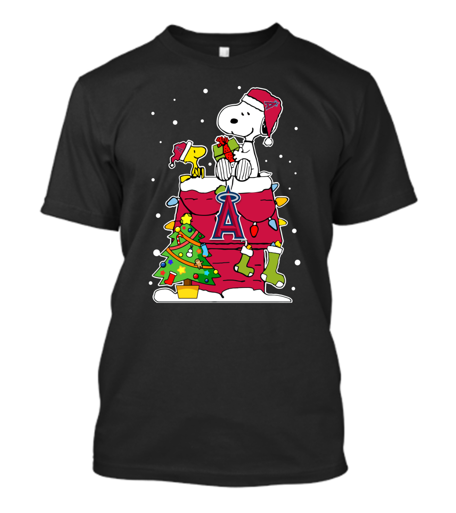 Los Angeles Angels Christmas Snoopy And Woodstock With Santa Hats And Gifts T-Shirt