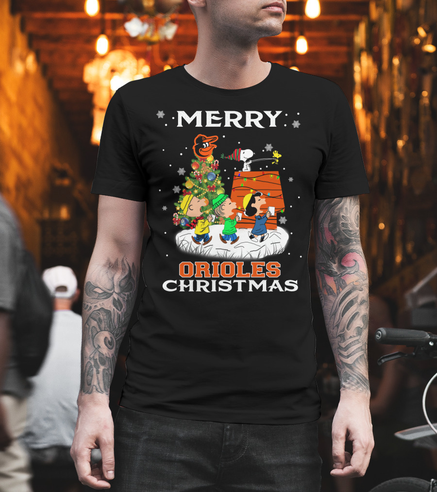 Merry Orioles Christmas Featuring Snoopy and Friends with Baltimore Logo and Festive Tree T-Shirt