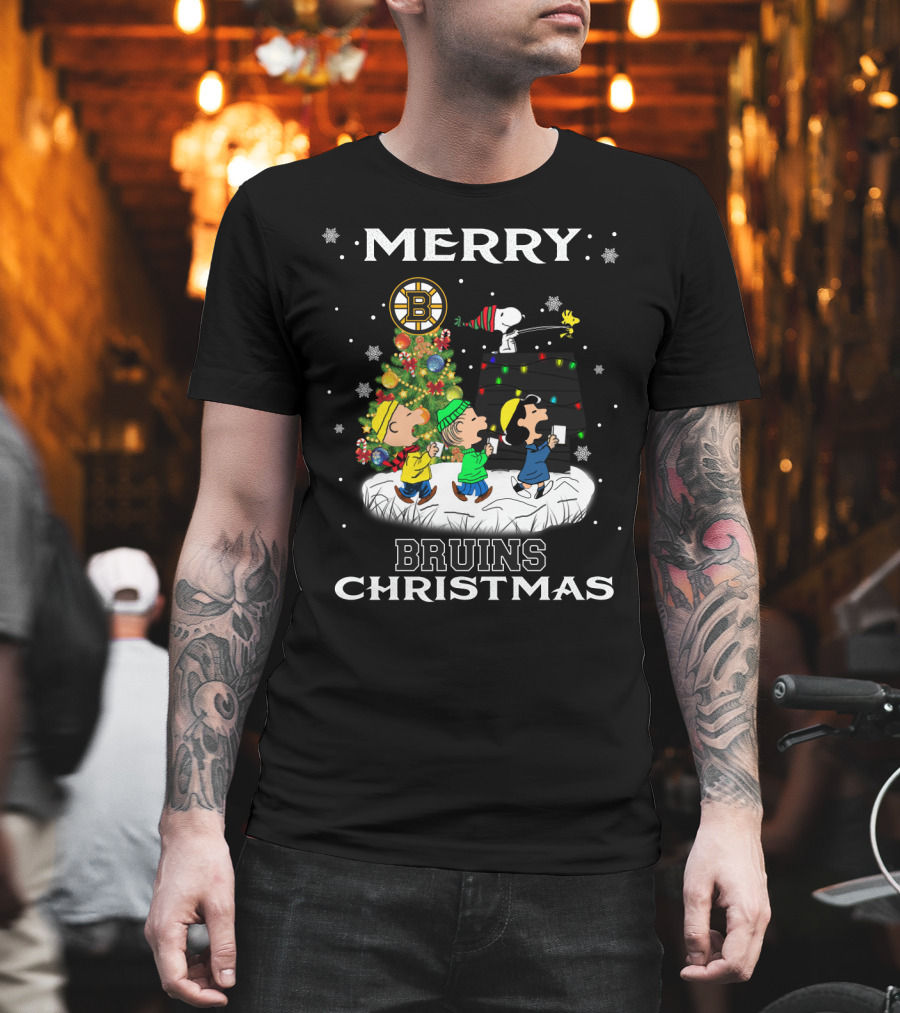 Merry Bruins Christmas Featuring Snoopy and Friends with Boston Bruins T-Shirt