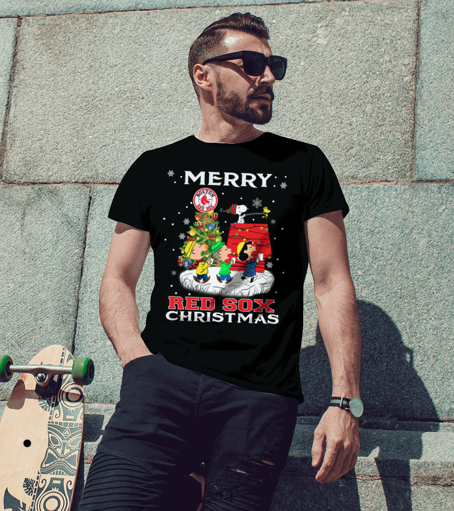 Merry Boston Red Sox Christmas Snoopy And Peanuts Characters Festive Holiday Scene T-Shirt
