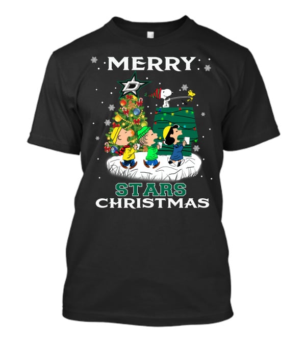 Merry Dallas Stars Christmas With Snoopy Woodstock And Peanuts Characters T-Shirt