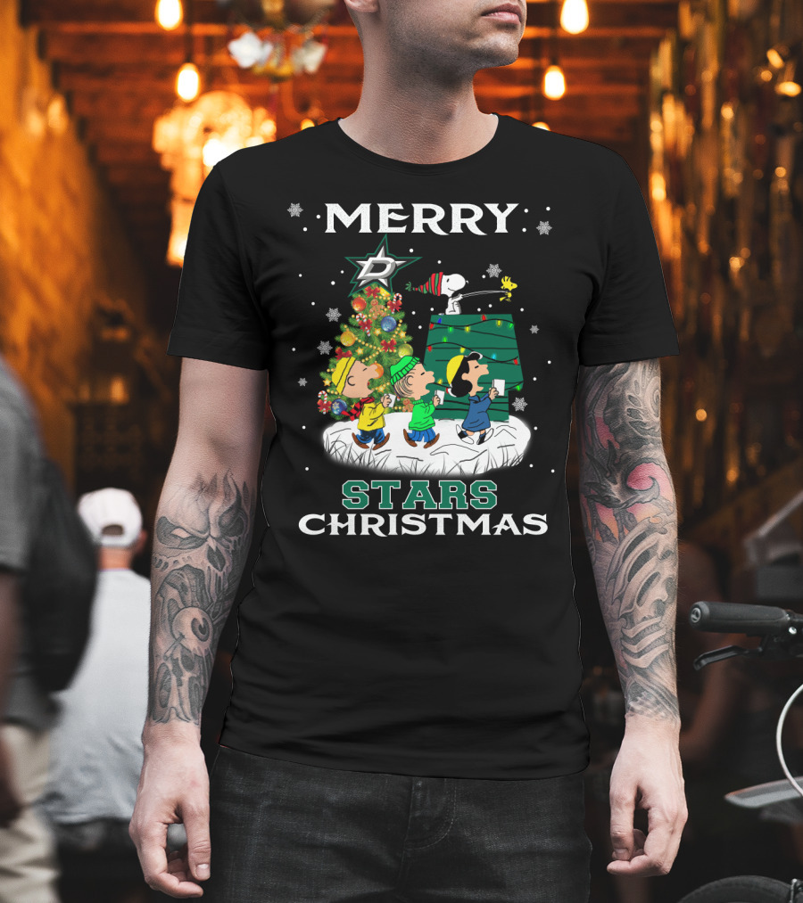 Merry Dallas Stars Christmas with Snoopy Woodstock and Peanuts Characters T-Shirt