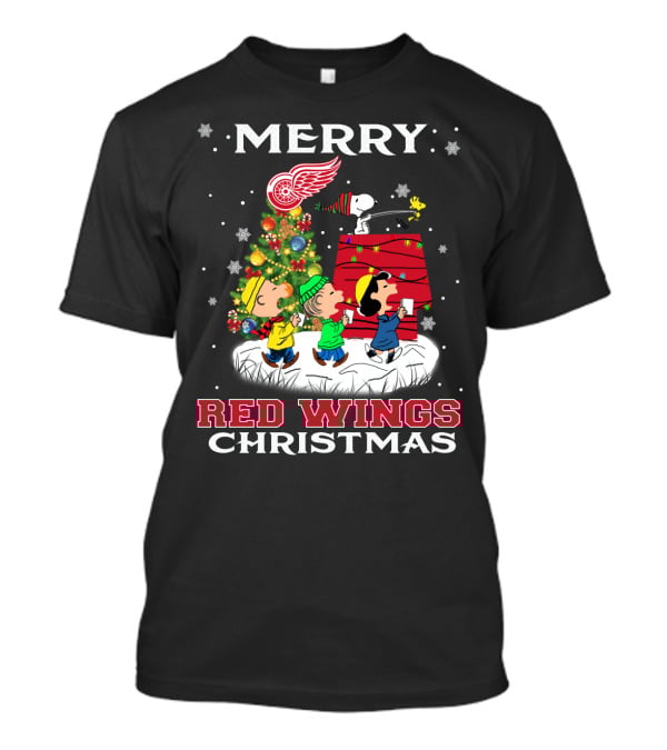 Merry Detroit Red Wings Christmas Featuring Snoopy And Peanuts Characters T-Shirt