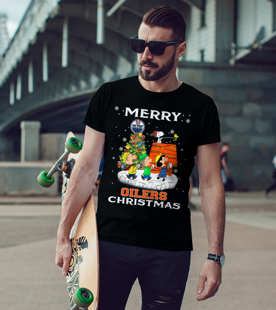 Merry Edmonton Oilers Christmas With Snoopy And Peanuts Characters T-Shirt
