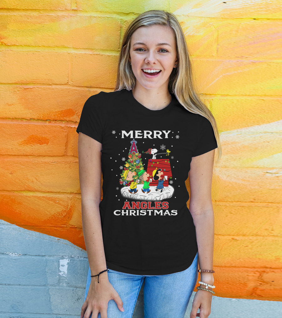 Merry Los Angeles Angels Christmas With Snoopy And Peanuts Characters T-Shirt
