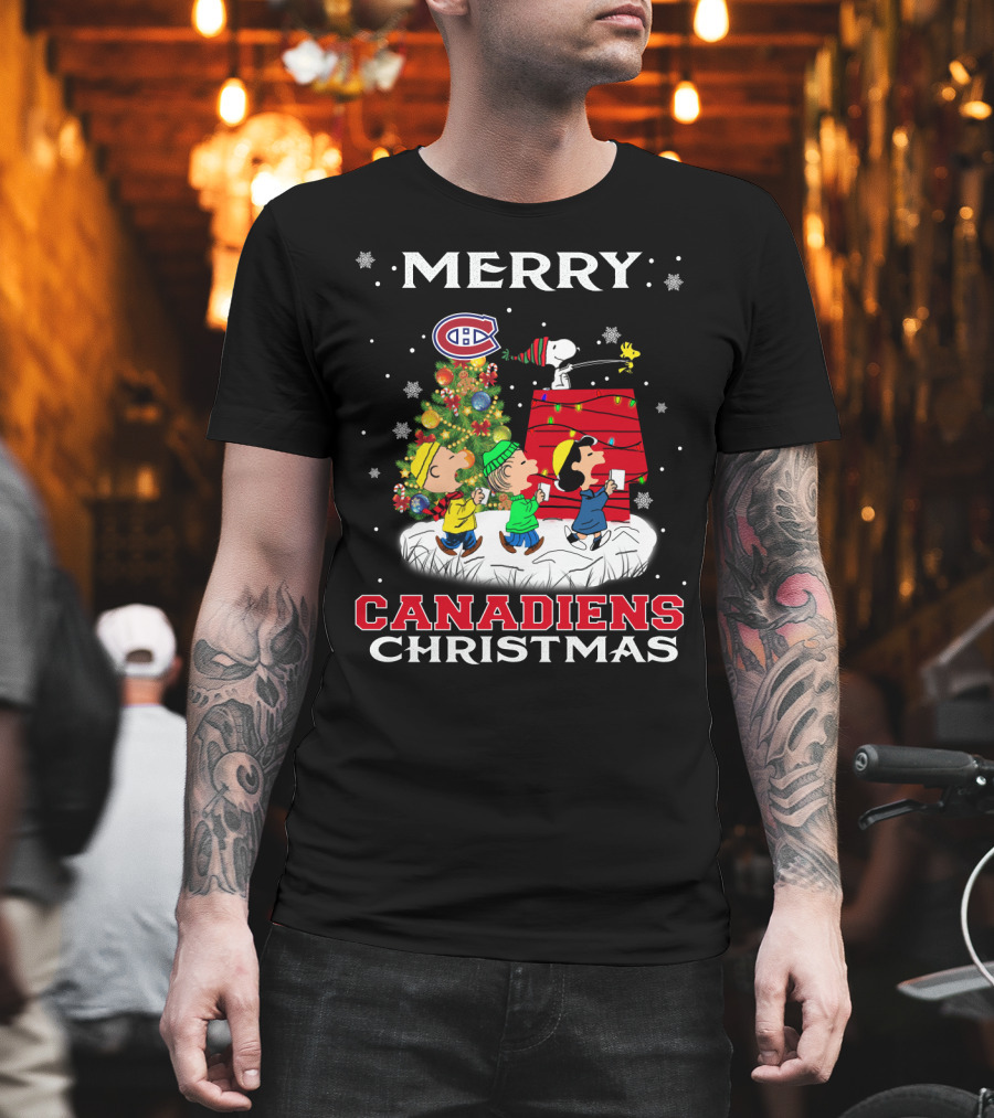 Merry Montreal Canadiens Christmas with Snoopy and Peanuts Characters T-Shirt