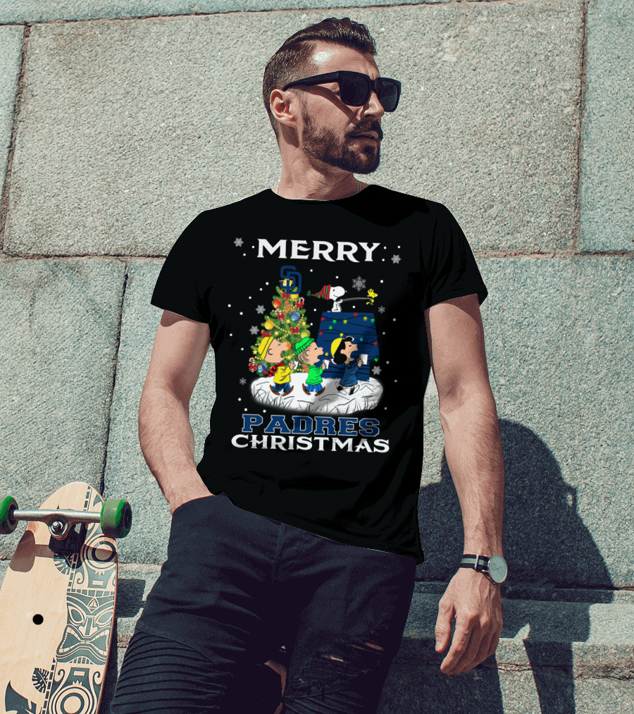 Merry San Diego Padres Christmas Featuring Snoopy And Peanuts Characters T-Shirt