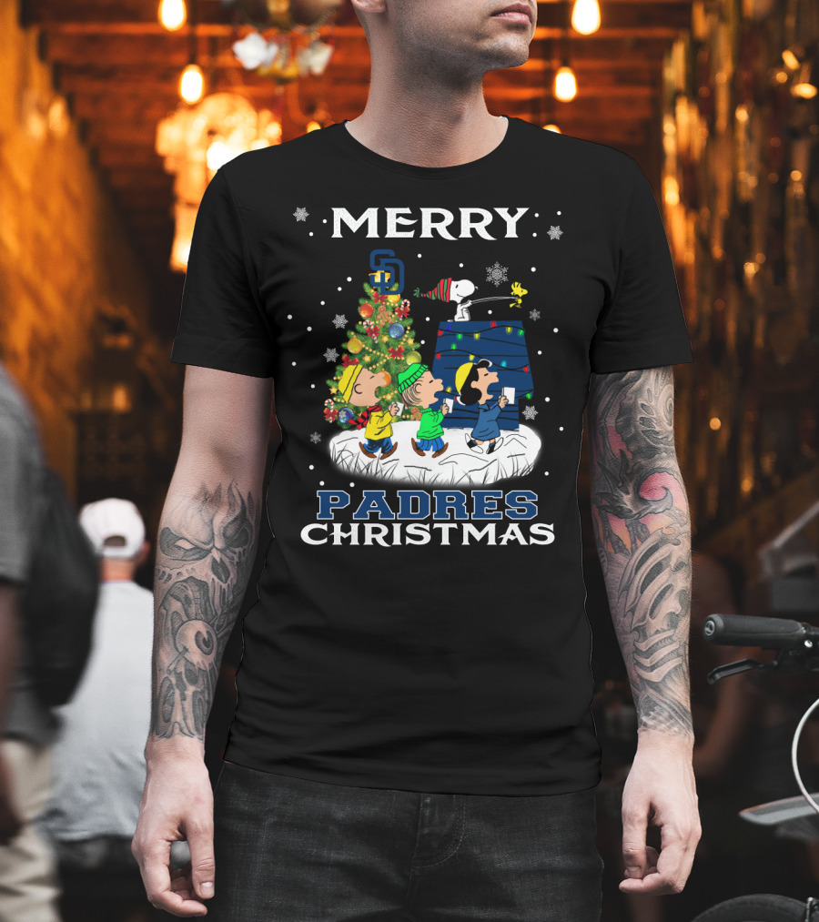 Merry San Diego Padres Christmas Featuring Snoopy and Peanuts Characters T-Shirt