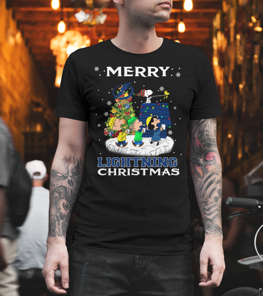 Merry Tampa Bay Lightning Christmas Snoopy and Friends with Holiday Tree T-Shirt