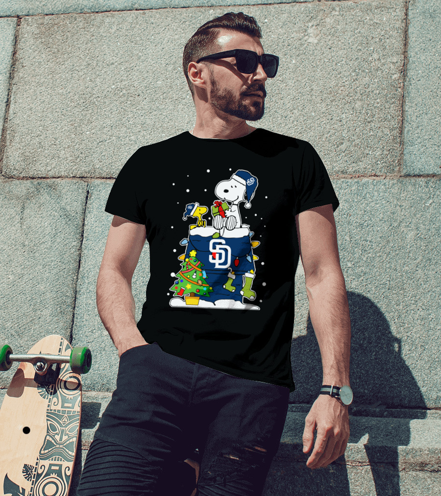 San Diego Padres Snoopy And Woodstock Christmas Scene With Gifts And Tree T-Shirt
