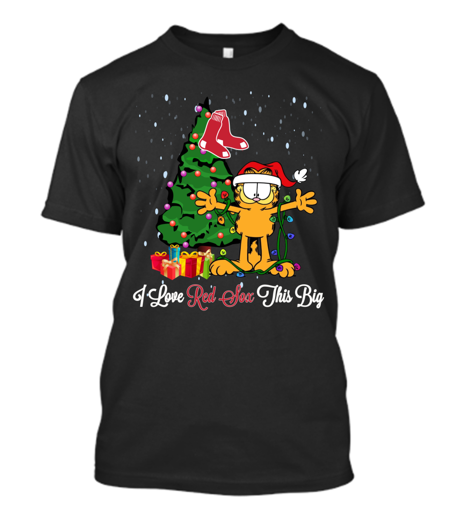 I Love Red Sox This Big Garfield Xmas Tree Santa Hat Presents Boston Fans T-Shirt