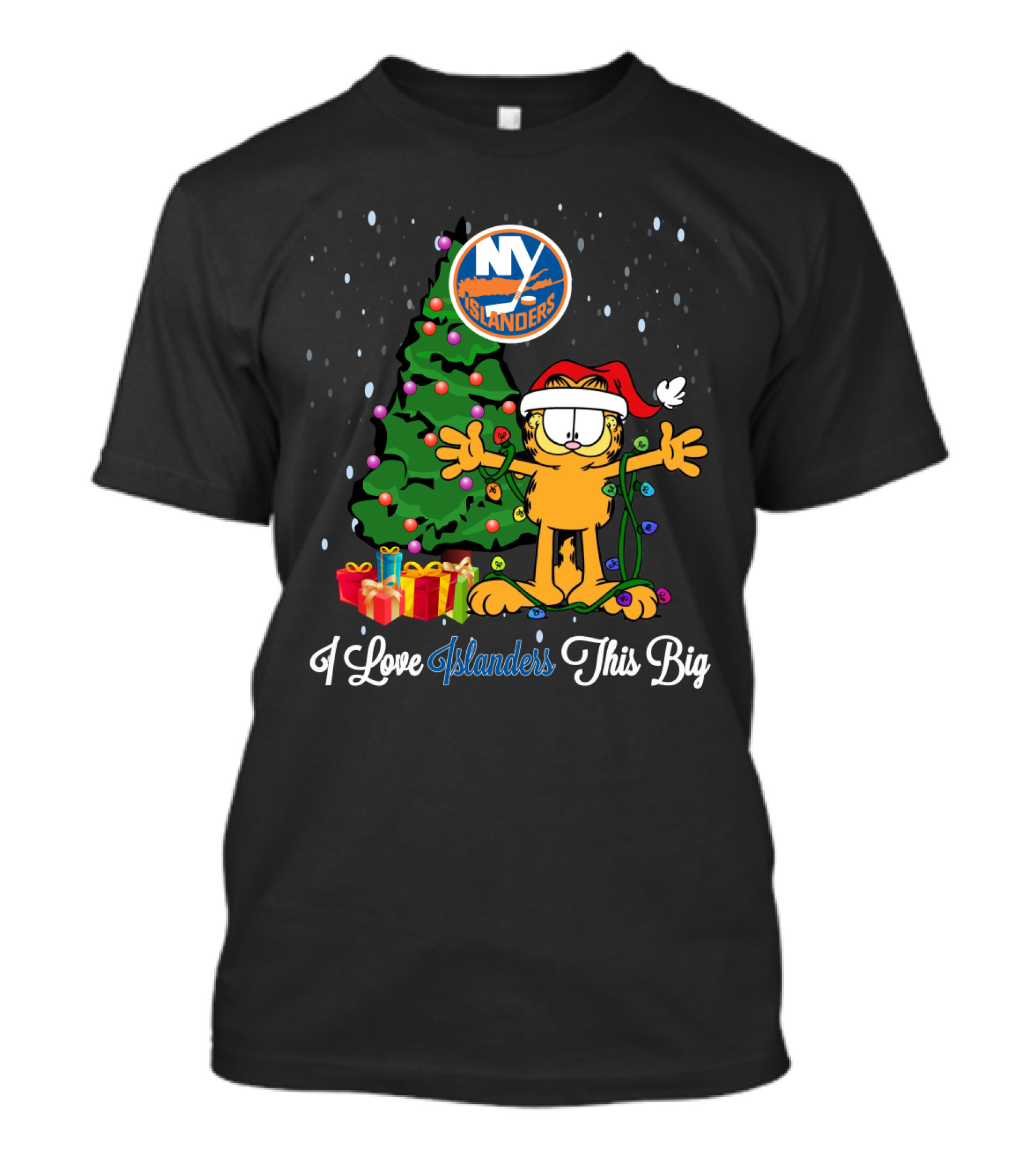 Garfield Christmas With New York Islanders Tree I Love Islanders This Big T-Shirt