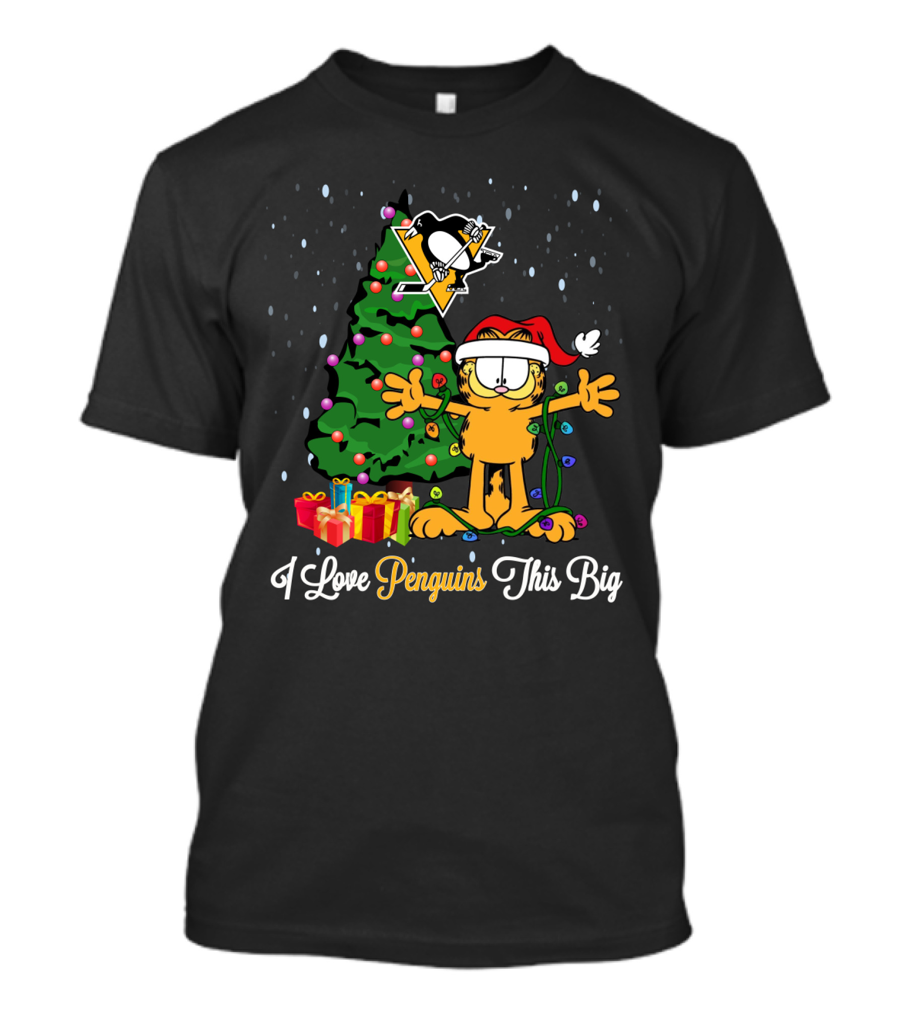 Santa Garfield With Christmas Tree And Pittsburgh Penguins Holiday T-Shirt