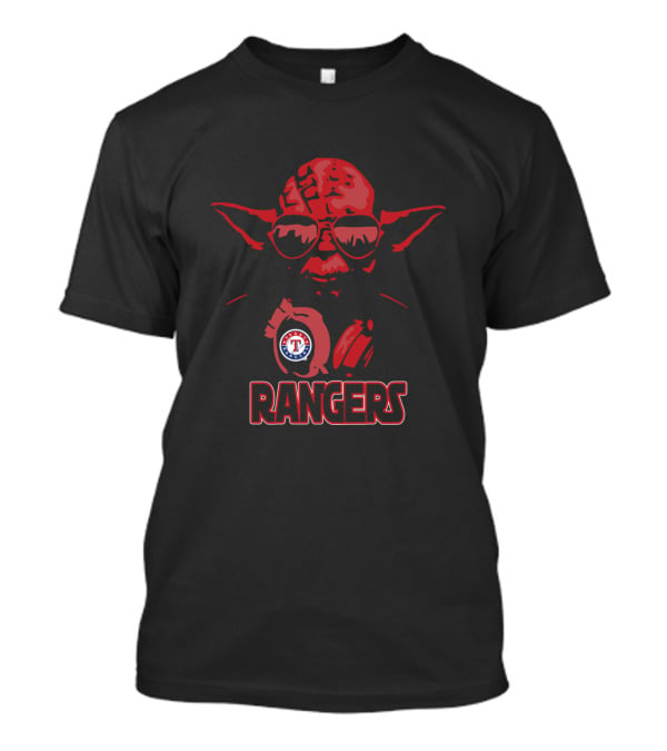 Yoda In Red With Texas Rangers Logo And Star Wars Style Rangers Text T-Shirt