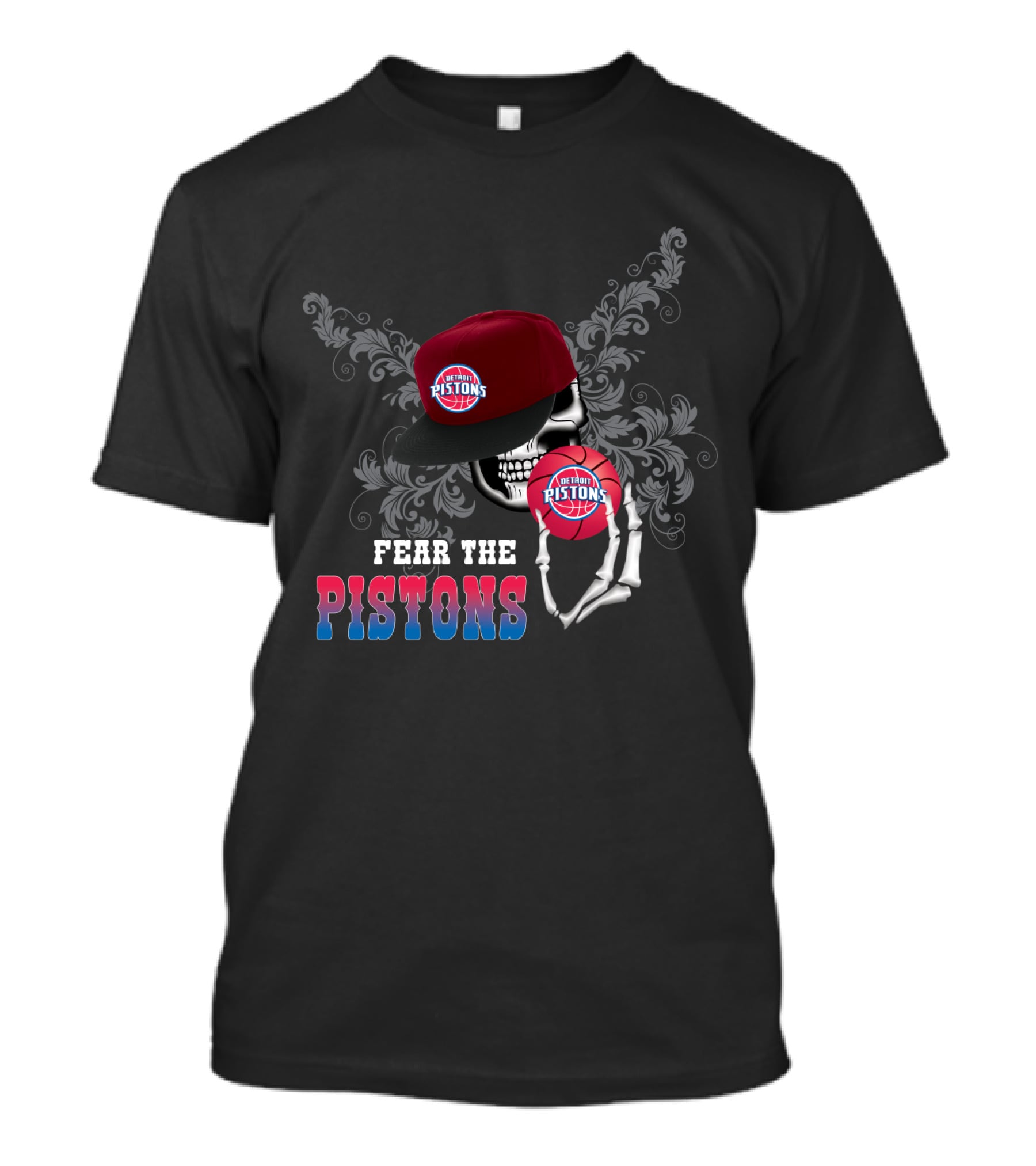 Fear The Detroit Pistons Skull Skeleton Cap Basketball T-Shirt