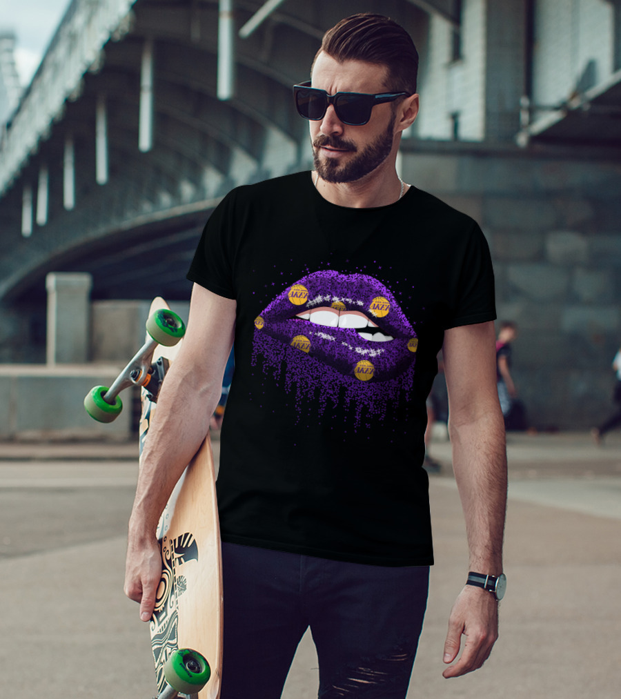 Glitter Purple Lips Decorated With Los Angeles Lakers Basketball Logos For Fans T-Shirt