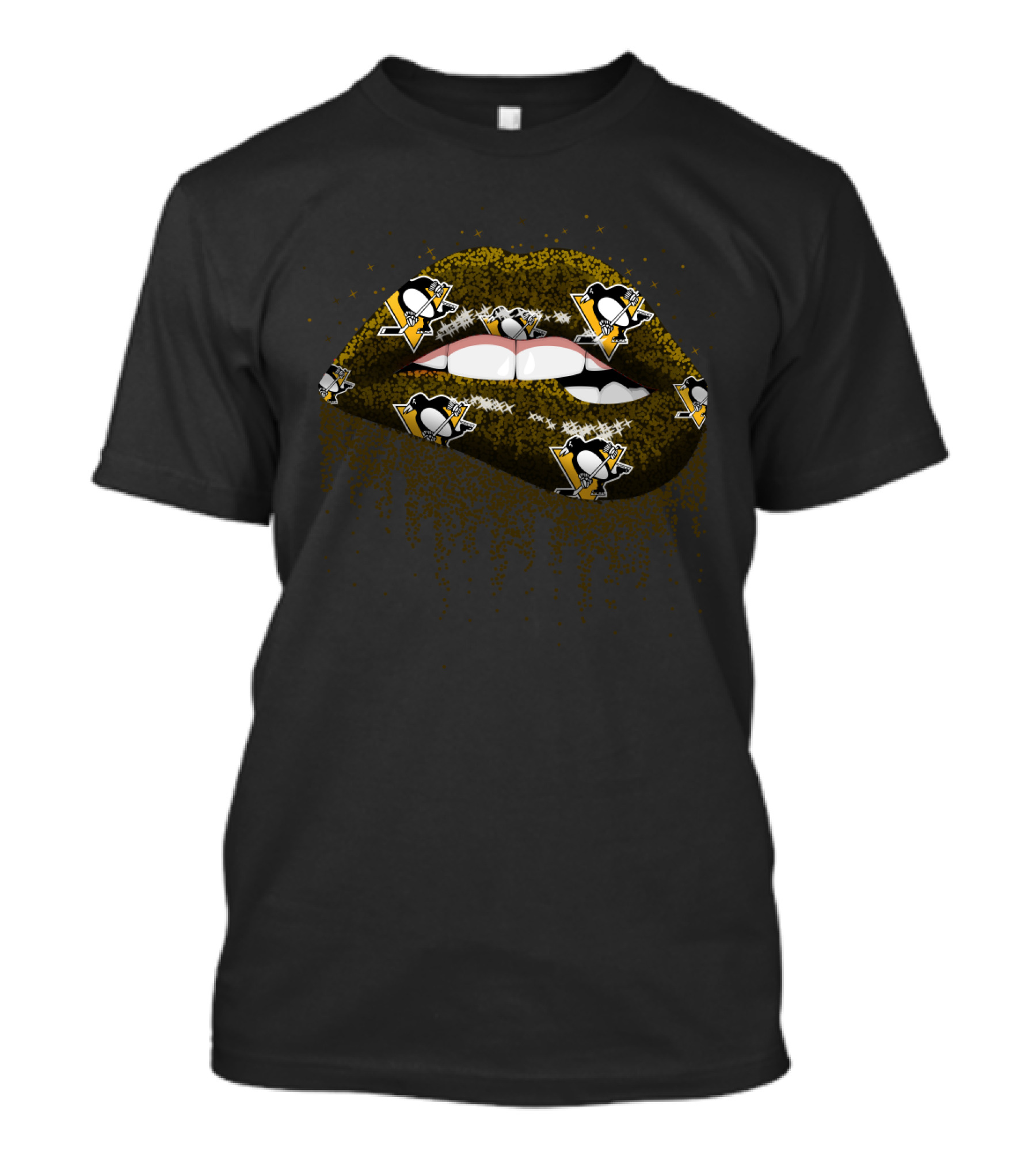 Pittsburgh Penguins Glitter Lips Fan Art Featuring Iconic Team Logo Elements T-Shirt