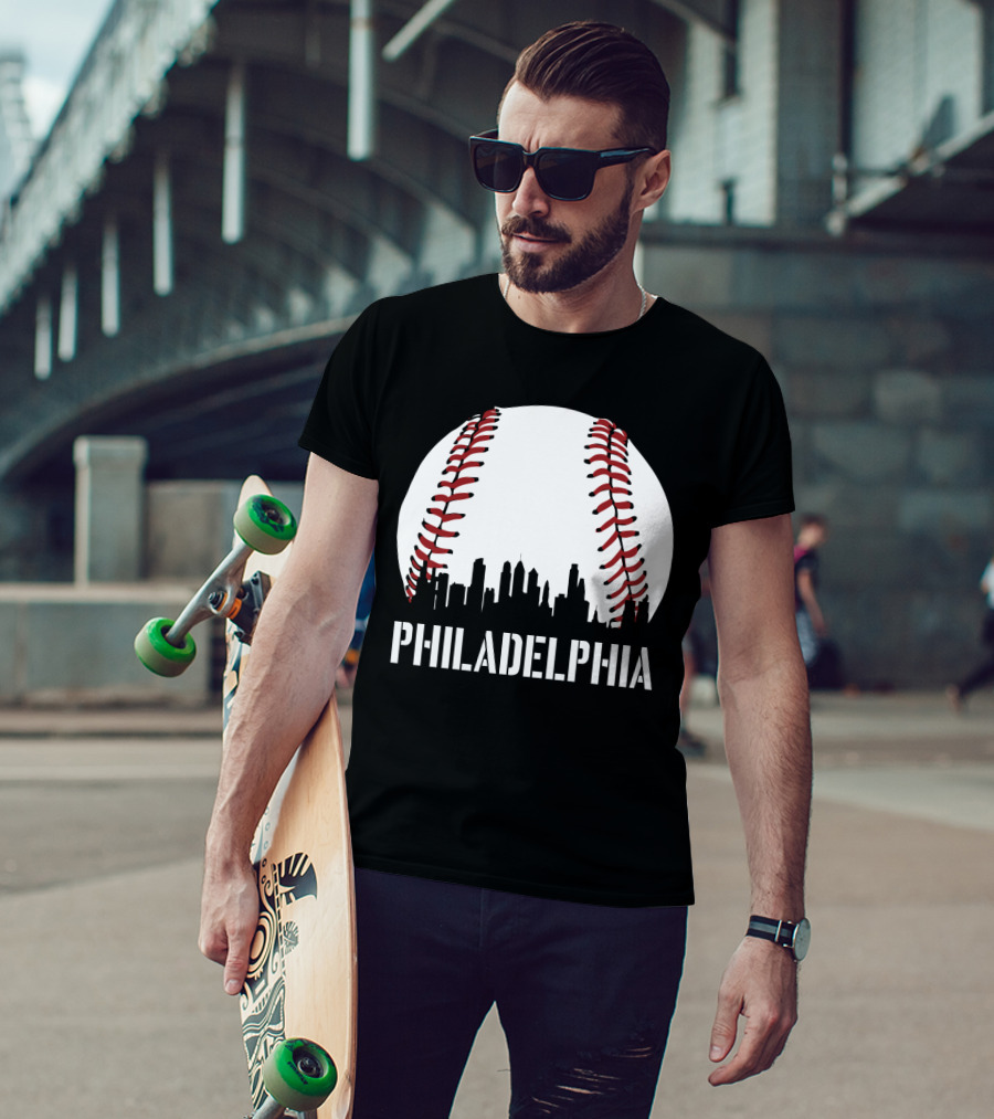 Philadelphia Skyline Baseball Stitching Downtown Philly T-Shirt