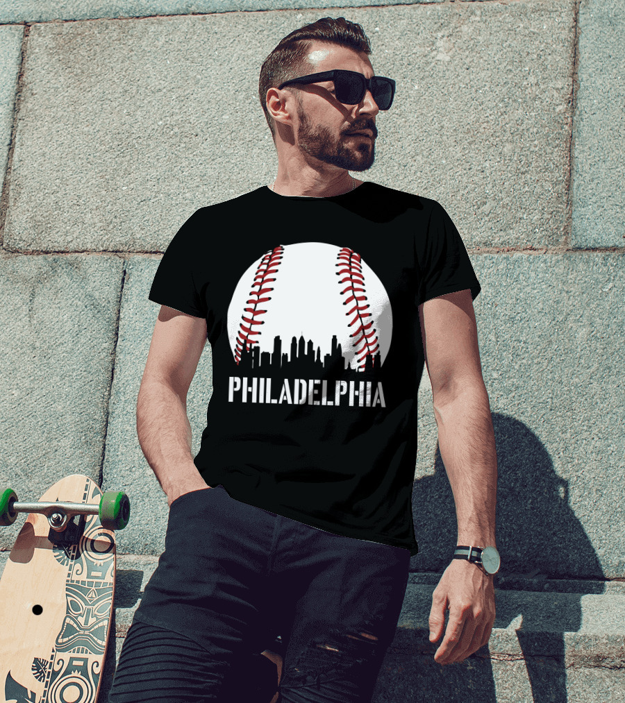 Philadelphia Skyline Baseball Stitching Downtown Philly T-Shirt