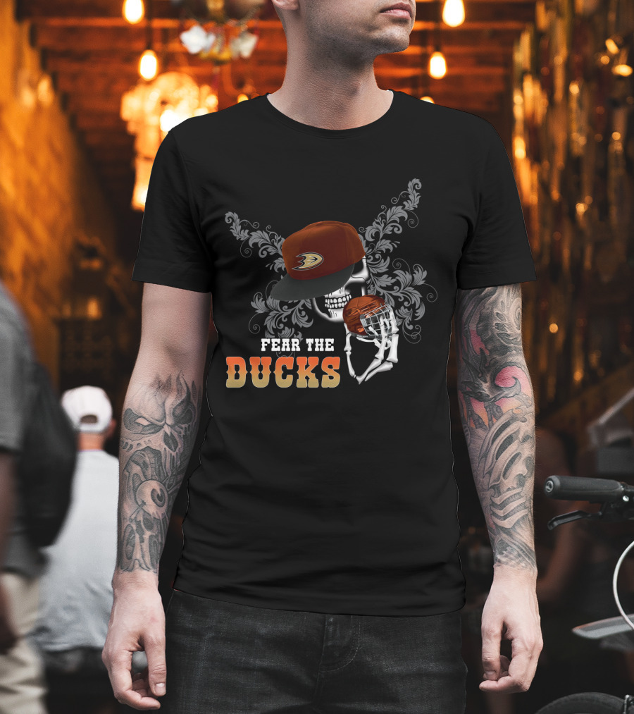 Fear The Anaheim Ducks Skull with Hockey Helmet and Cap T-Shirt