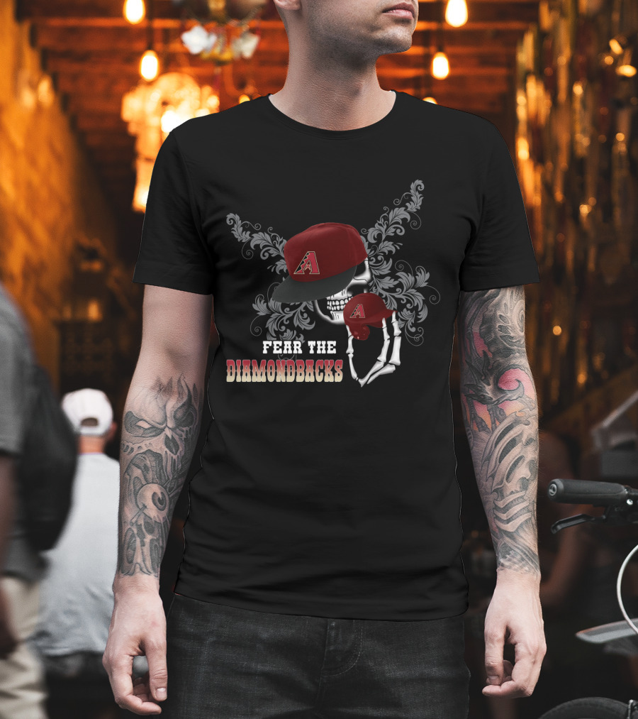 Fear The Arizona Diamondbacks Skull with Baseball Cap and Skeleton Hand T-Shirt