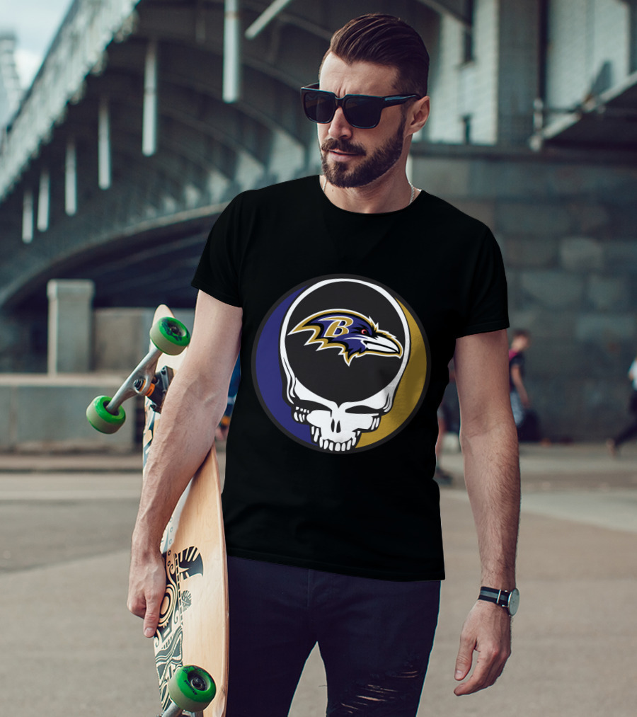Grateful Dead Skull Logo With Baltimore Ravens Team T-Shirt