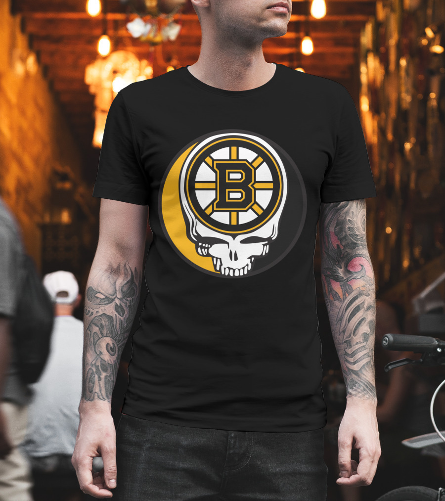 Boston Bruins And Grateful Dead Skull Logo Fusion T-Shirt