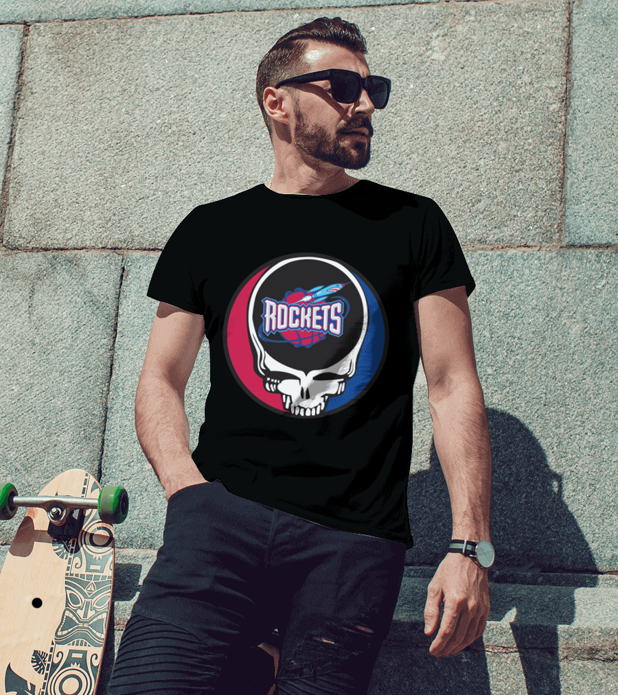 Grateful Dead Skull With Houston Rockets Basketball Logo And Blue Red Circle T-Shirt
