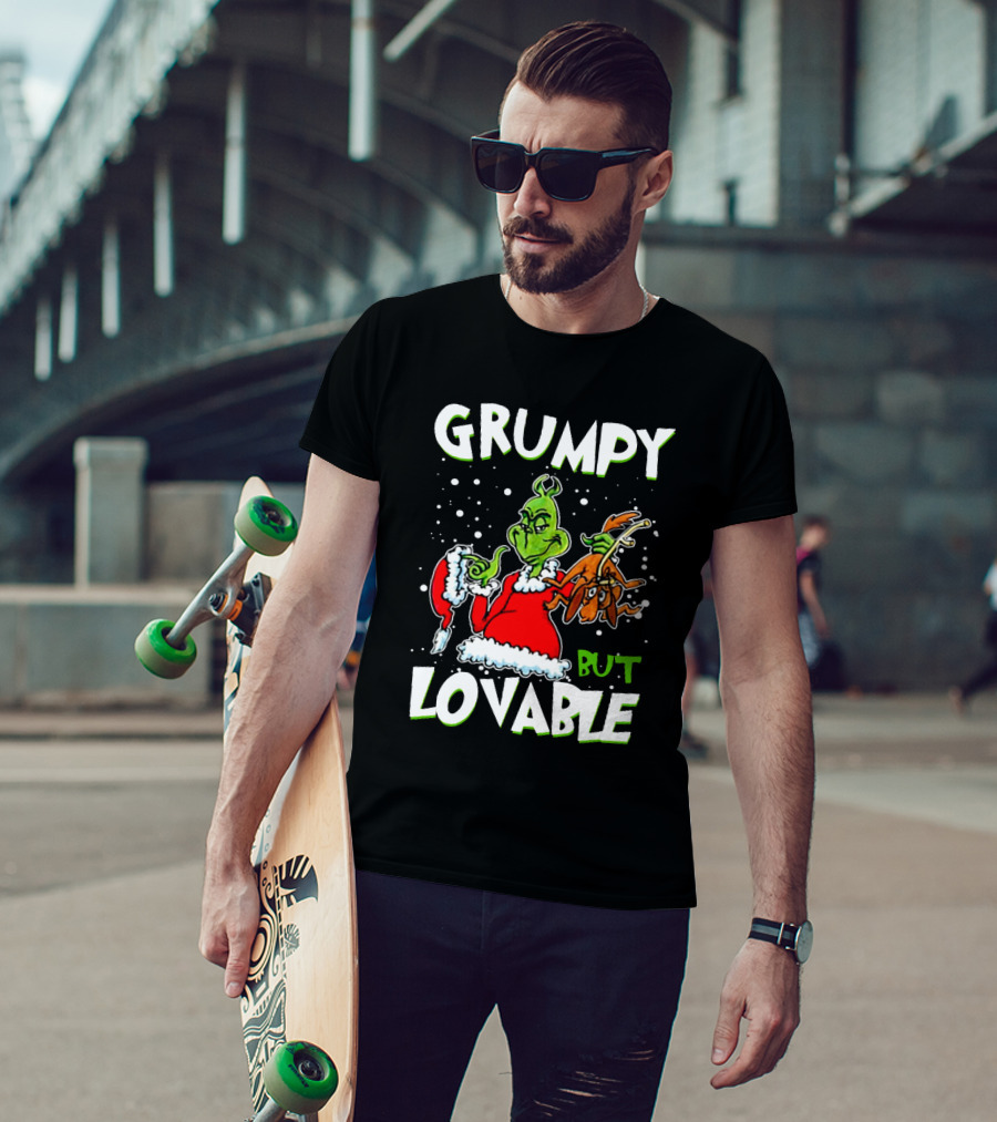 Grumpy But Lovable Grinch In Santa Suit Holding Max Illustrated T-Shirt