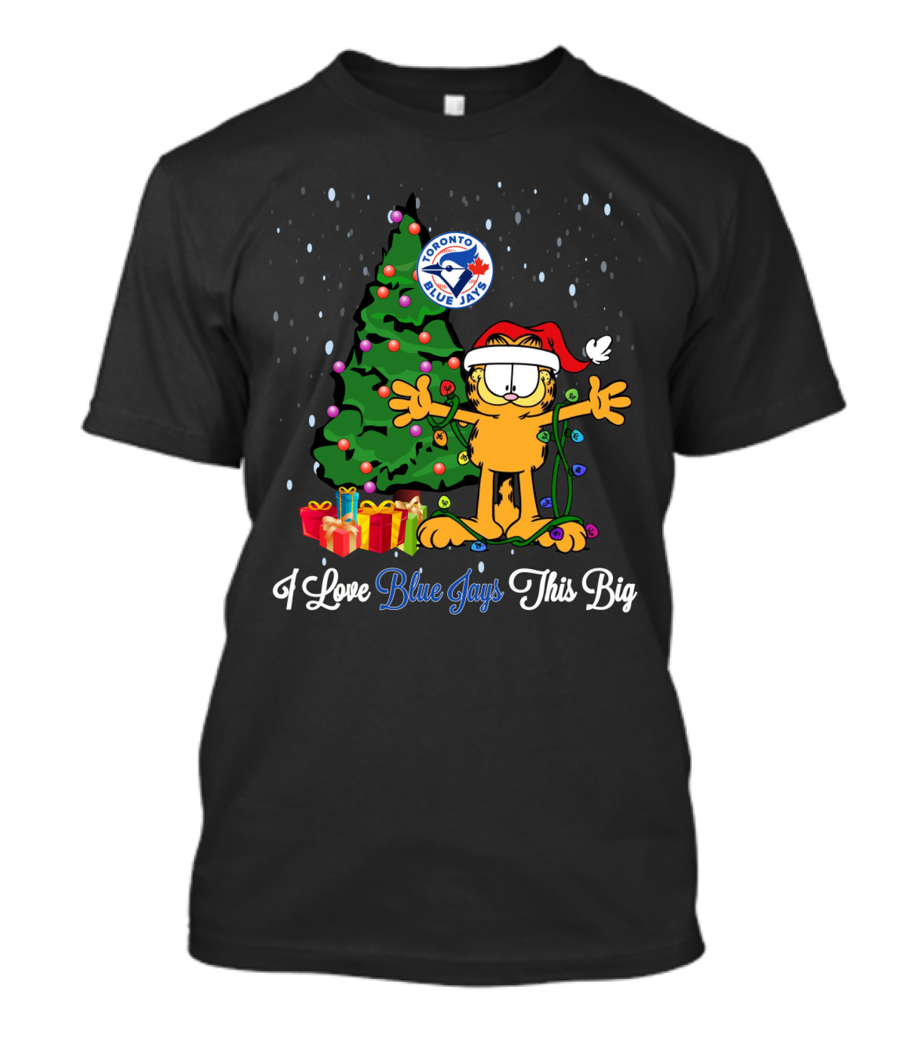 I Love Blue Jays This Big Toronto Blue Jays Christmas Garfield Santa Hat Tree T-Shirt