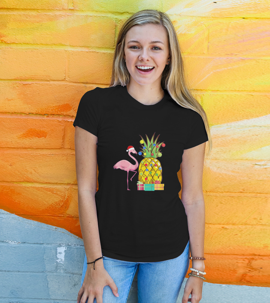 Santa Flamingo Christmas Pineapple With Colorful Ornaments And Holiday Gifts T-Shirt