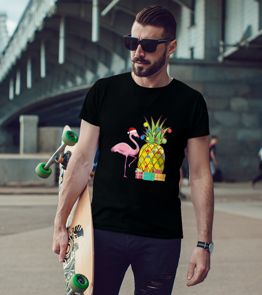 Santa Flamingo Christmas Pineapple With Colorful Ornaments And Holiday Gifts T-Shirt