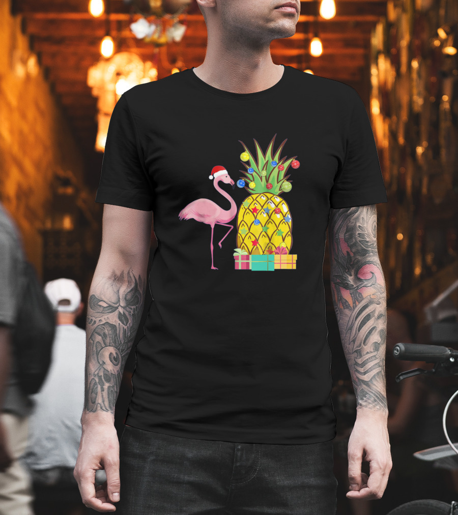 Santa Flamingo Christmas Pineapple with Colorful Ornaments and Holiday Gifts T-Shirt