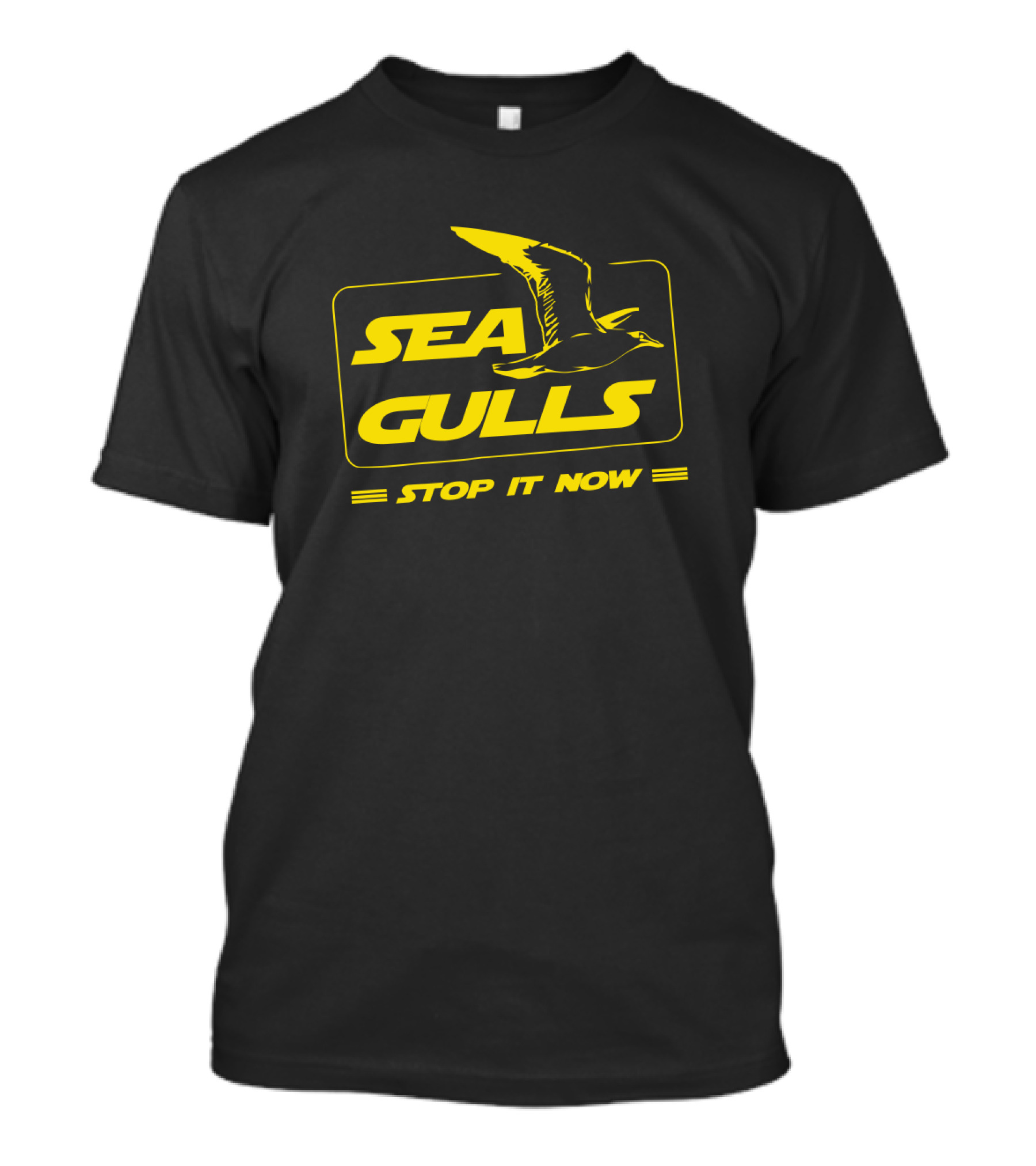 Seagulls Stop It Now Parody With Text In Bold Yellow Box Featuring Bird T-Shirt