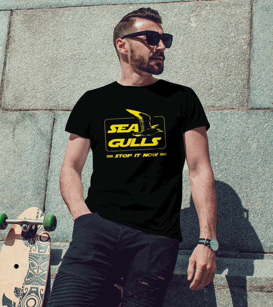 Seagulls Stop It Now Parody With Text In Bold Yellow Box Featuring Bird T-Shirt