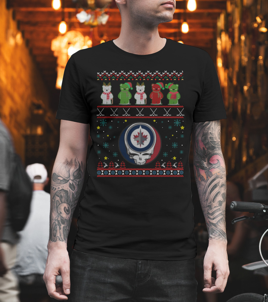 Winnipeg Jets Grateful Dead Bears Festive Skeleton T-Shirt