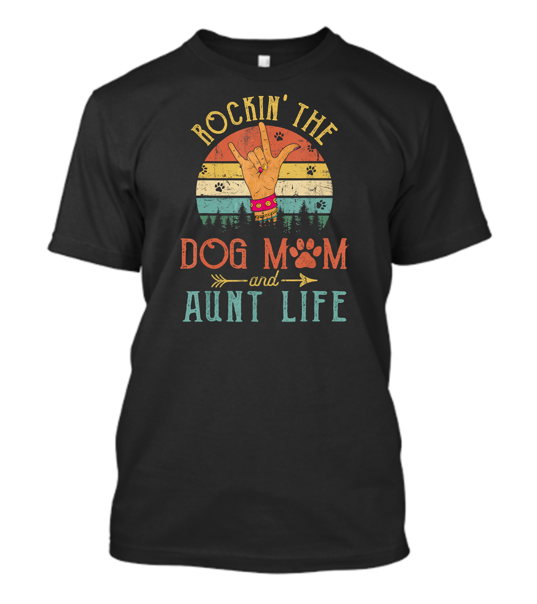 ROCKIN' THE DOG MOM AND AUNT LIFE Vintage Sunset Paw Print Peace Sign Retro Rainbow T-Shirt