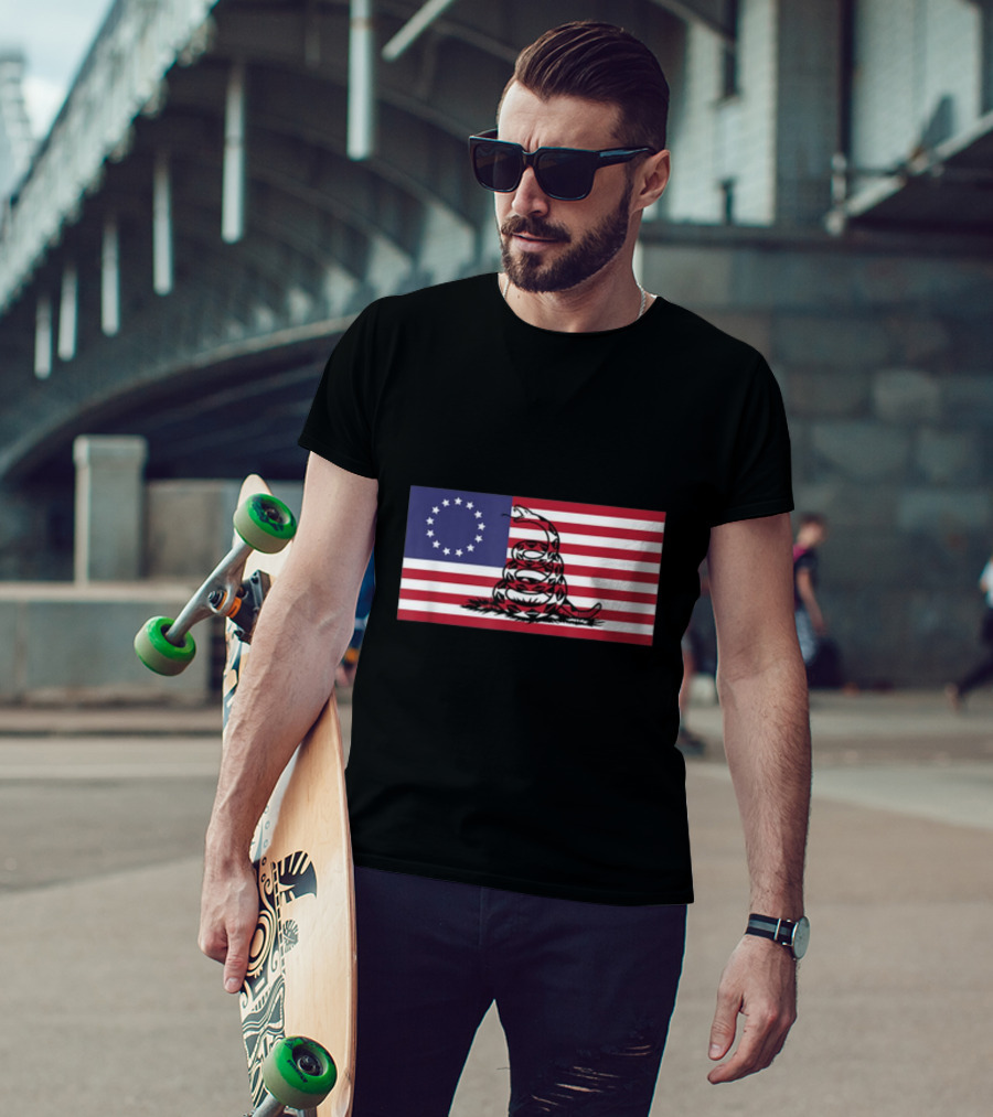 Betsy Ross Flag Combined With Gadsden Snake Icon 13 Star Colonial American Symbolism T-Shirt