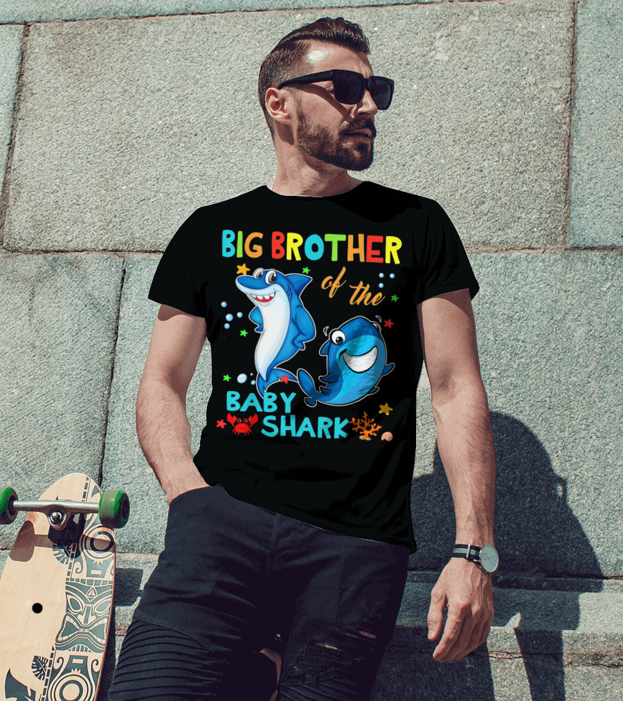 Big Brother Of The Baby Shark With Cartoon Sharks And Sea Creatures T-Shirt