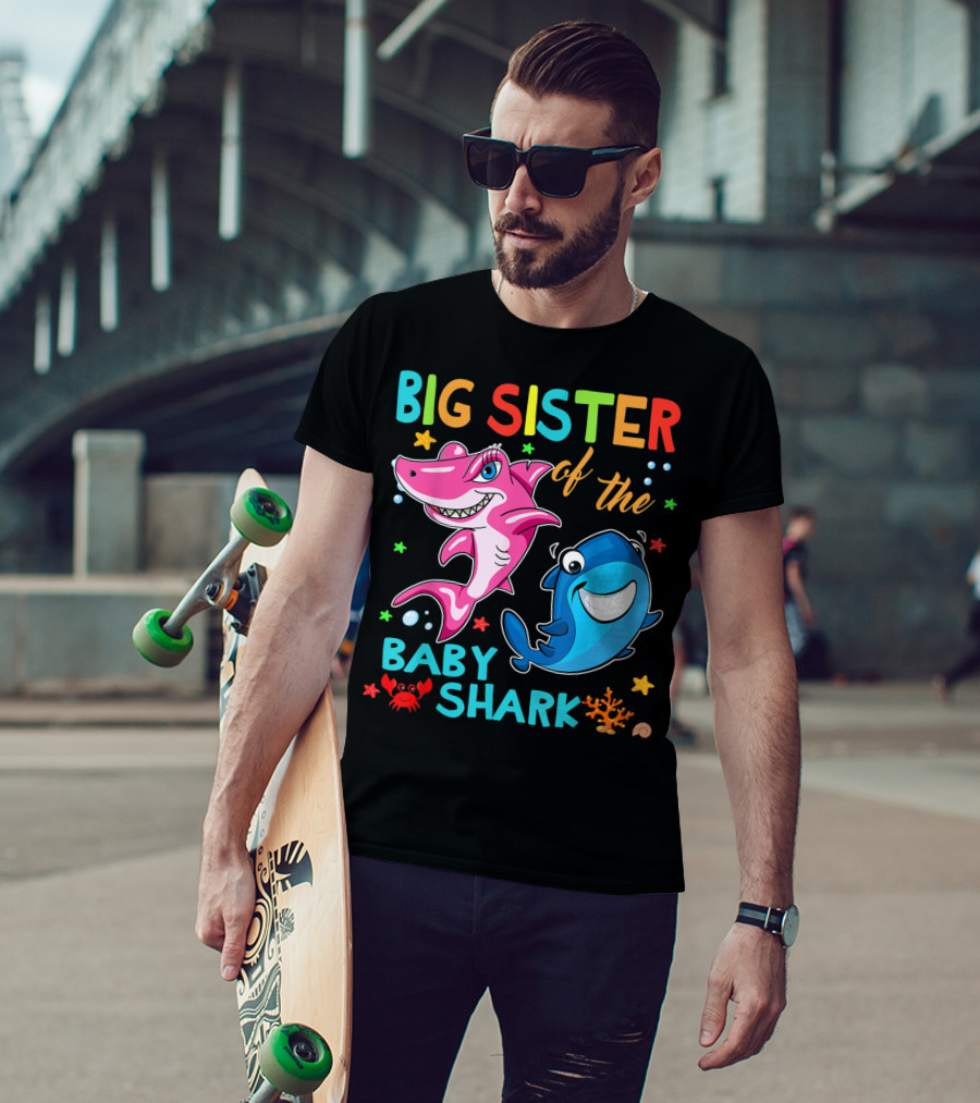 Big Sister Of The Baby Shark With Colorful Cartoon Characters And Sea Creatures T-Shirt