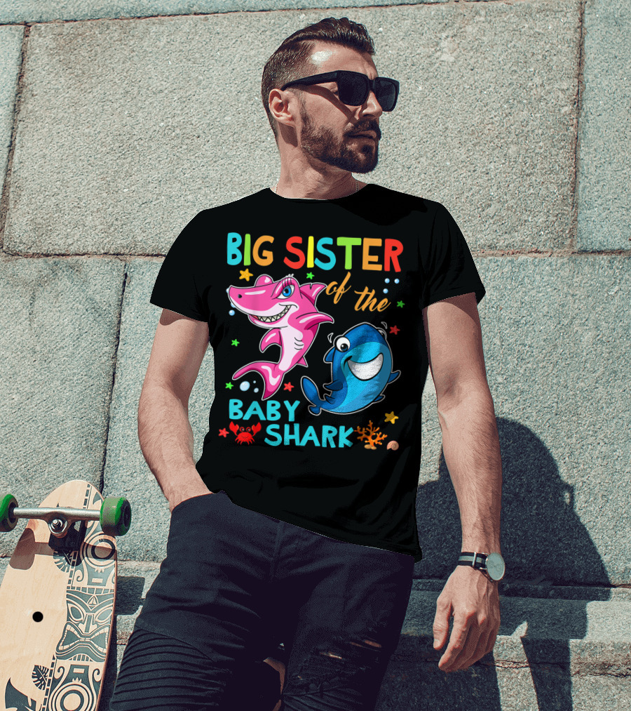 Big Sister Of The Baby Shark With Colorful Cartoon Characters And Sea Creatures T-Shirt