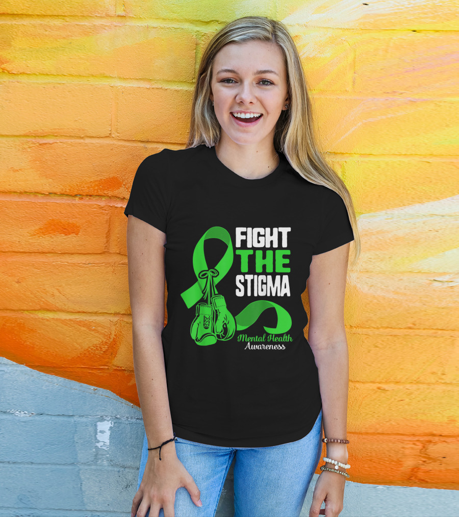 Fight The Stigma Mental Health Awareness Green Ribbon Boxing Gloves T-Shirt