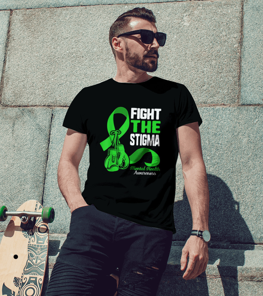 Fight The Stigma Mental Health Awareness Green Ribbon Boxing Gloves T-Shirt
