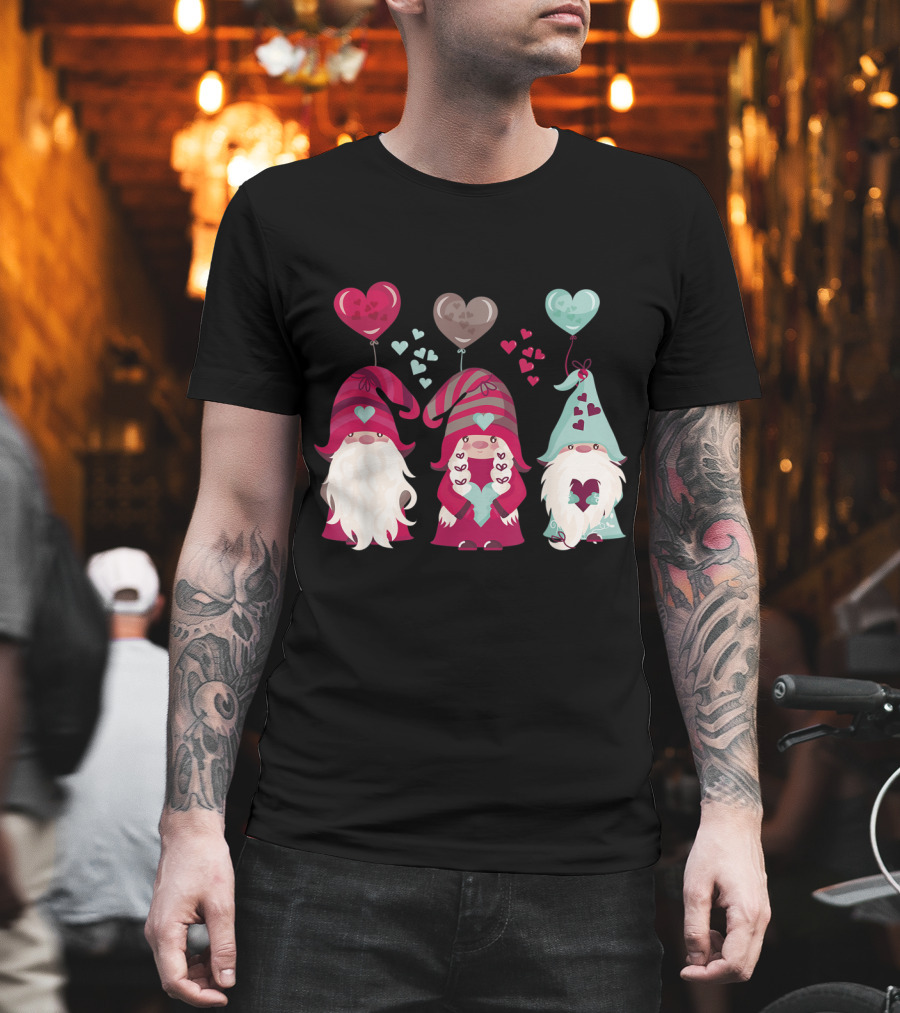 Three Gnomes With Heart Balloons Valentines T-Shirt