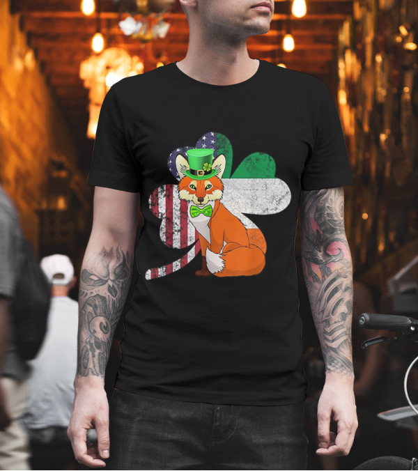 Irish American Flag Shamrock with Bow Tie Fox in Green Hat T-Shirt Irish American Flag Shamrock with Bow Tie Fox in Green Hat T-Shirt