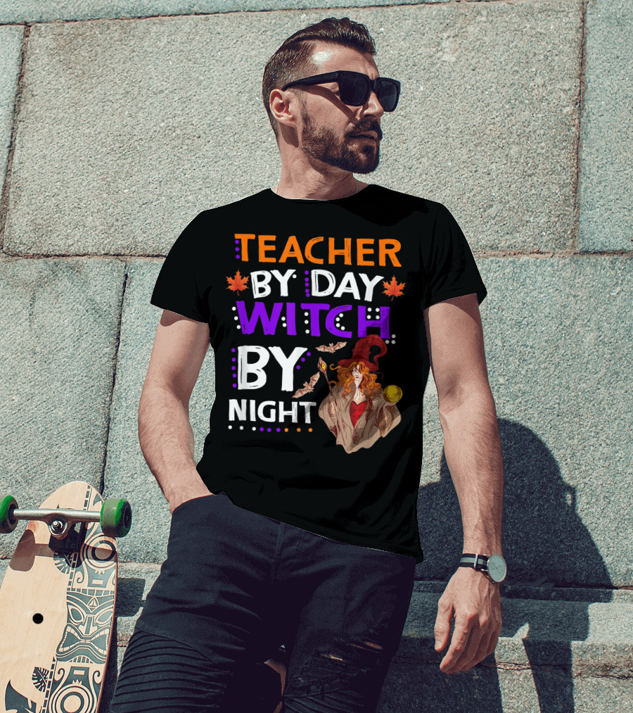 Teacher By Day Witch By Night Halloween Magic Bats Moon T-Shirt