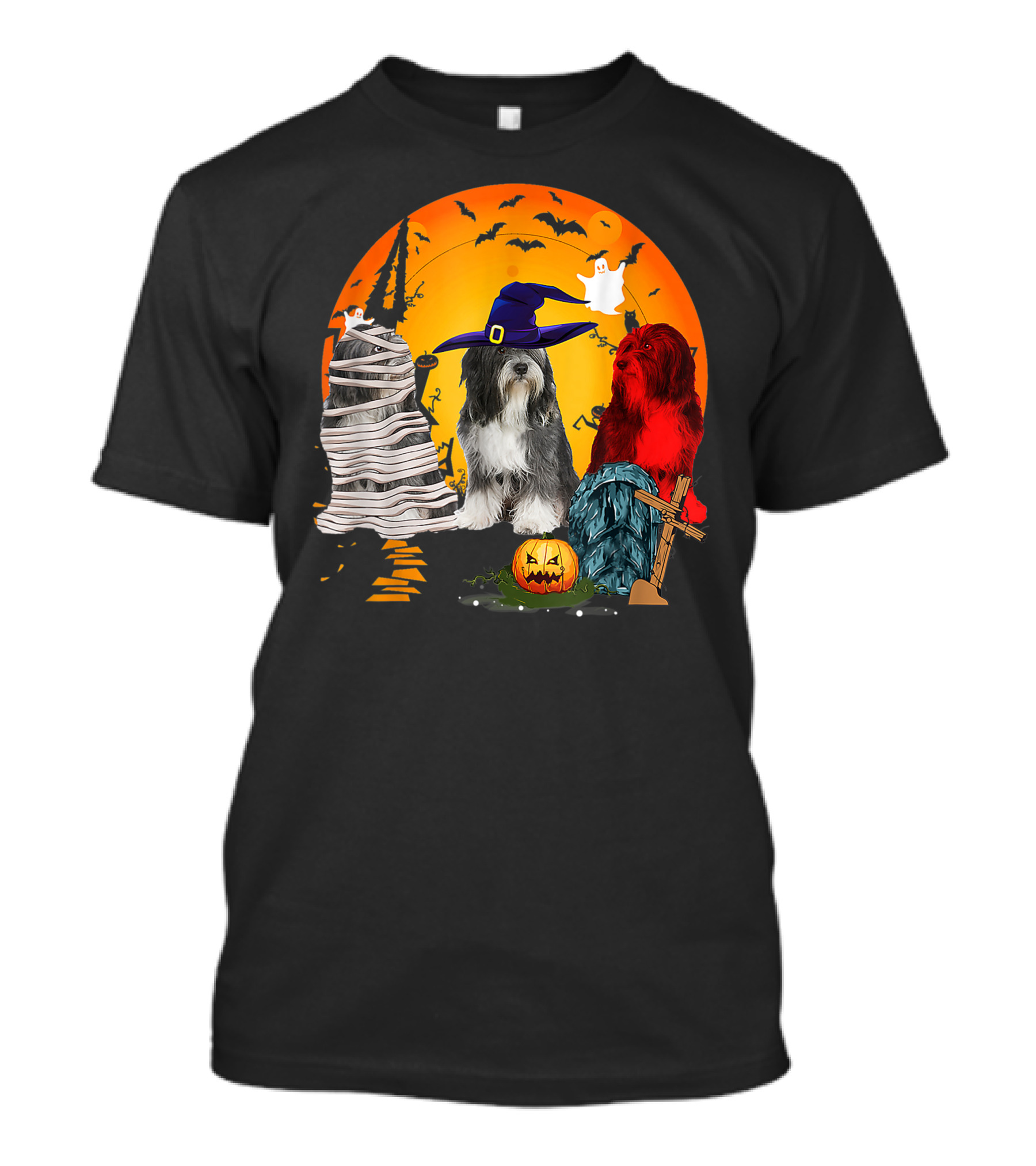 Tibetan Terrier Dog Family Of Three Halloween Spooky Scene With Witch Hat And Pumpkin T-Shirt