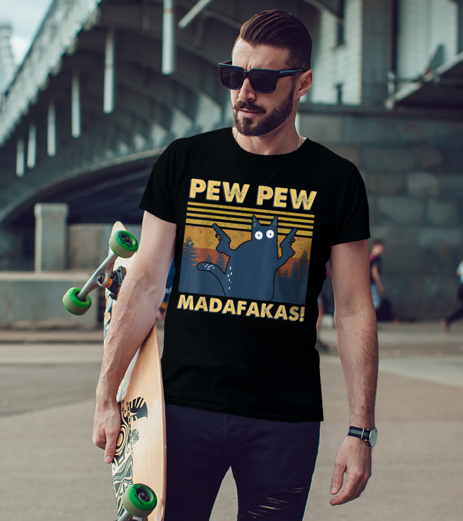 Pew Pew Madafakas Cat Retro Gun-Wielding Forest T-Shirt
