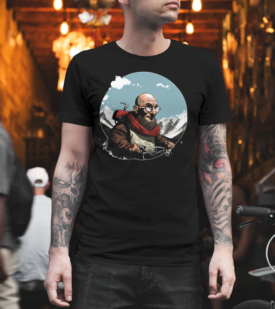 Bald Man on Motorcycle Through Mountain Landscape with Red Scarf and Glasses T-Shirt